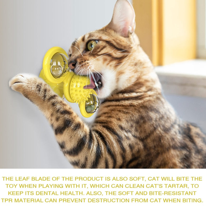 Cat Windmill Toy. Funny, Massage, Rotatable Cat Toys. Can add catnip, has LED Ball and promotes Teeth Cleaning and a Brush