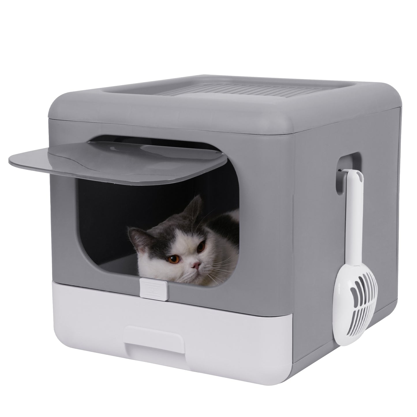 Cat Litter Box Foldable, Top Entry Litter Box with Cat Litter Scoop and Drawer for Medium and Large Cats. Easy Clean-Up