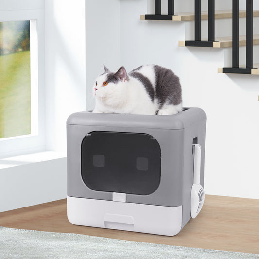 Cat Litter Box Foldable, Top Entry Litter Box with Cat Litter Scoop and Drawer for Medium and Large Cats. Easy Clean-Up