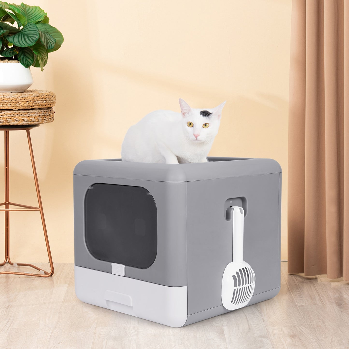 Cat Litter Box Foldable, Top Entry Litter Box with Cat Litter Scoop and Drawer for Medium and Large Cats. Easy Clean-Up