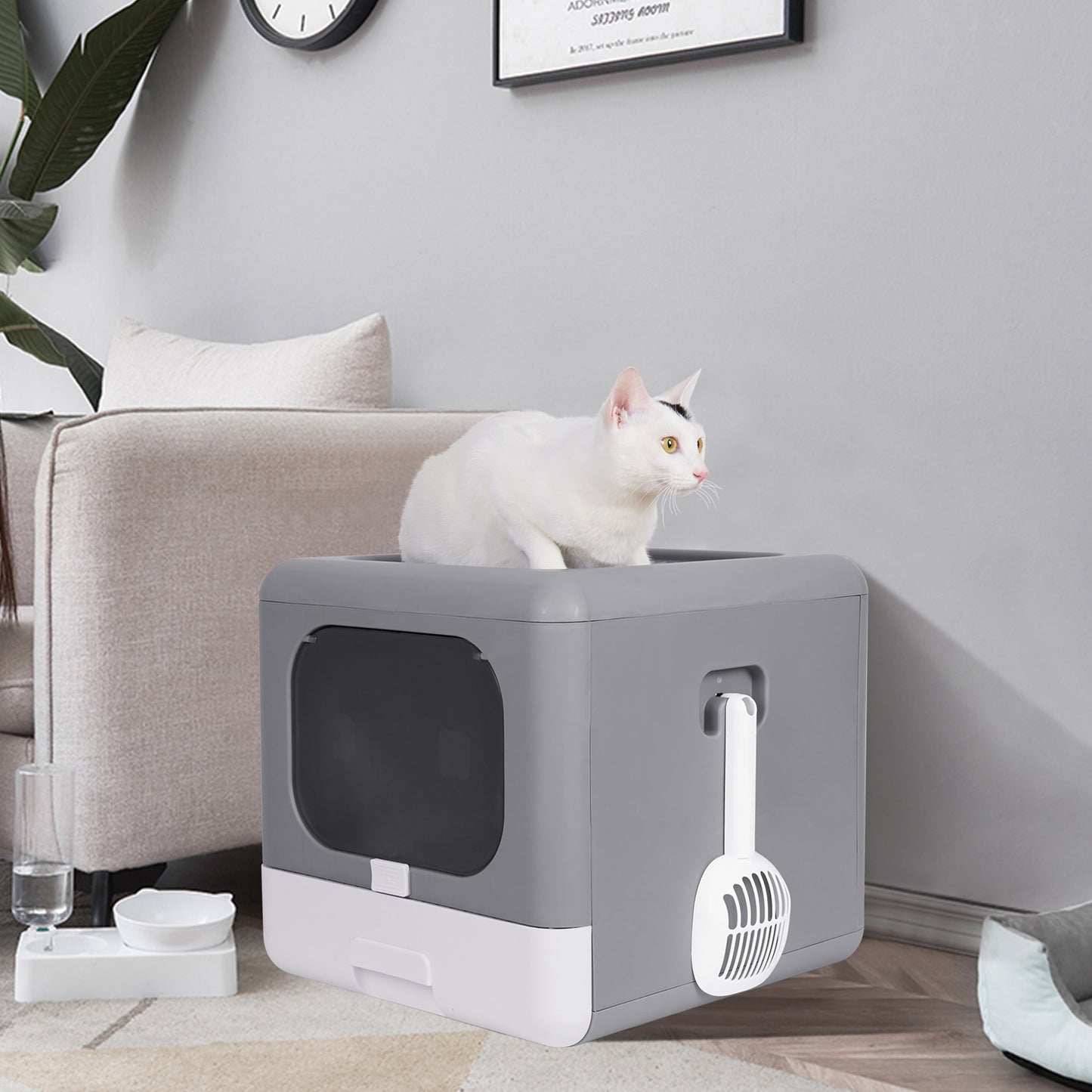 Cat Litter Box Foldable, Top Entry Litter Box with Cat Litter Scoop and Drawer for Medium and Large Cats. Easy Clean-Up