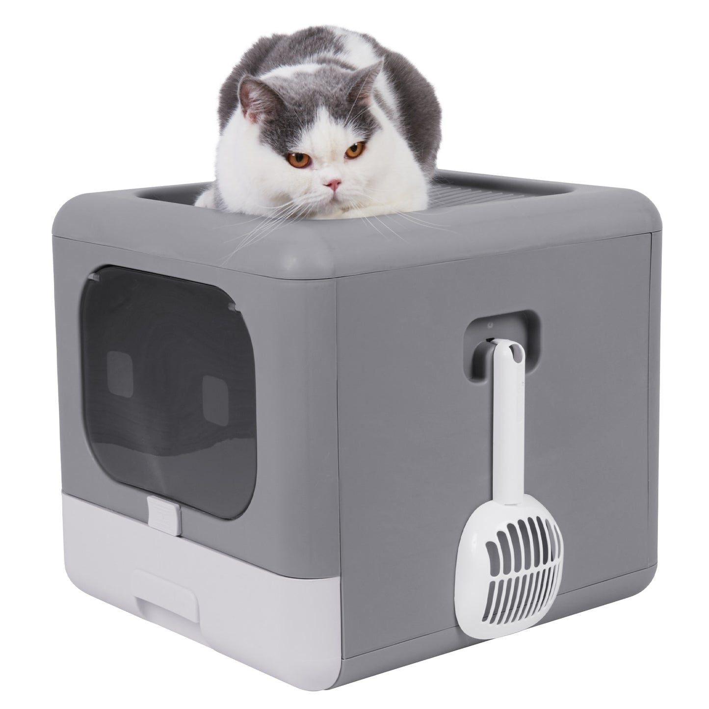 Cat Litter Box Foldable, Top Entry Litter Box with Cat Litter Scoop and Drawer for Medium and Large Cats. Easy Clean-Up