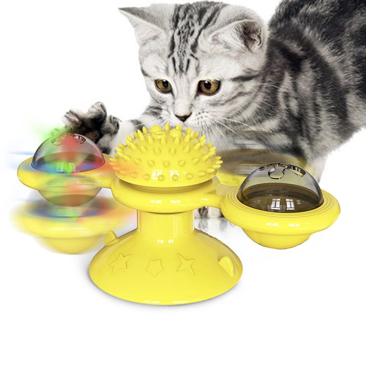 Cat Windmill Toy. Funny, Massage, Rotatable Cat Toys. Can add catnip, has LED Ball and promotes Teeth Cleaning and a Brush