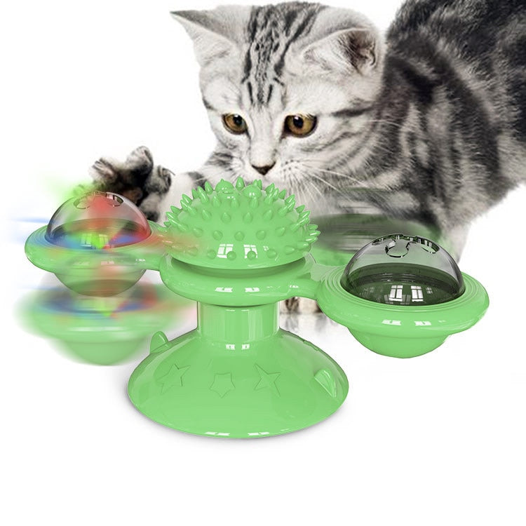 Cat Windmill Toy. Funny, Massage, Rotatable Cat Toys. Can add catnip, has LED Ball and promotes Teeth Cleaning and a Brush