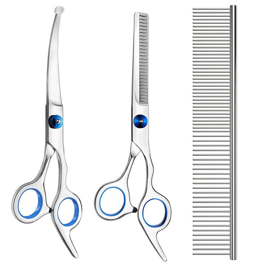 Professional Dog Grooming Scissors with Safety Round Tips, Heavy Duty Titanium Stainless Steel Up-Curved Pet Grooming Scissors and Comb